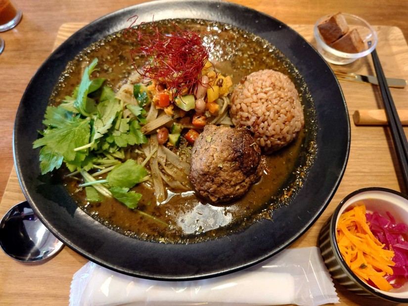 まんまる手ごねハンバーグと「おねんね玄米®️(酵素玄米)」添え和出汁のSPICE NOODLE