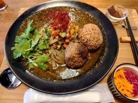 まんまる手ごねハンバーグと「おねんね玄米®️（酵素玄米）」添え和出汁のSPICE NOODLE