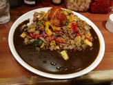 野菜と挽肉カレー黒+たまごカツ 1辛