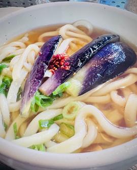 揚げナスうどんと自家製唐辛子調味料