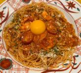 海老とモッツァレラチーズのカルボナーラチリトマトソース