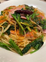 ベーコンとアスパラのペペロンチーノ+ほうれん草 辛め(口頭にて)