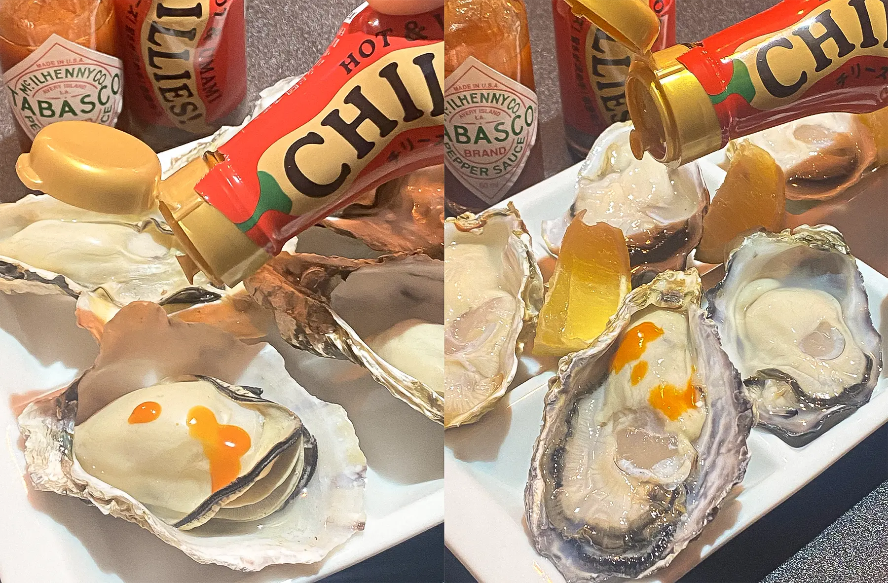 運ばれてきた白くてプリプリな牡蠣に、赤いソースをポタポタと