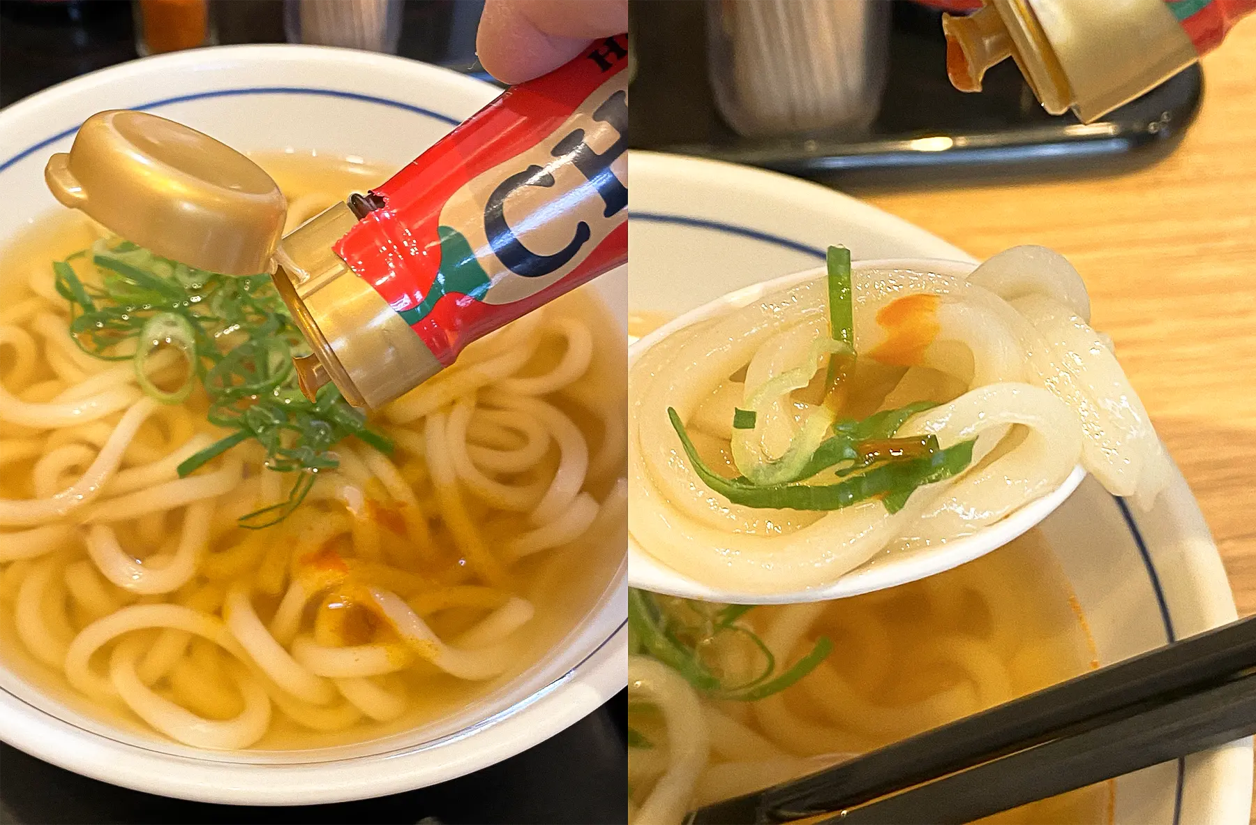 うどんにチリーズをかけてみる