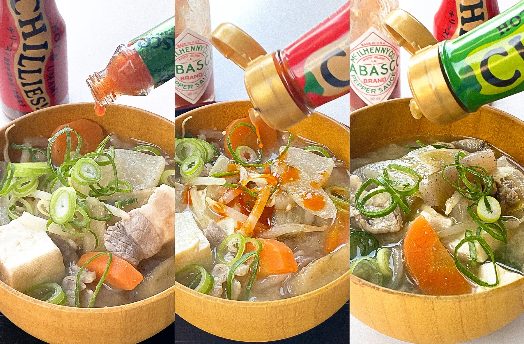 豚汁に(左:タバスコ､中央:チリーズ､右:チリーズ青唐辛子)