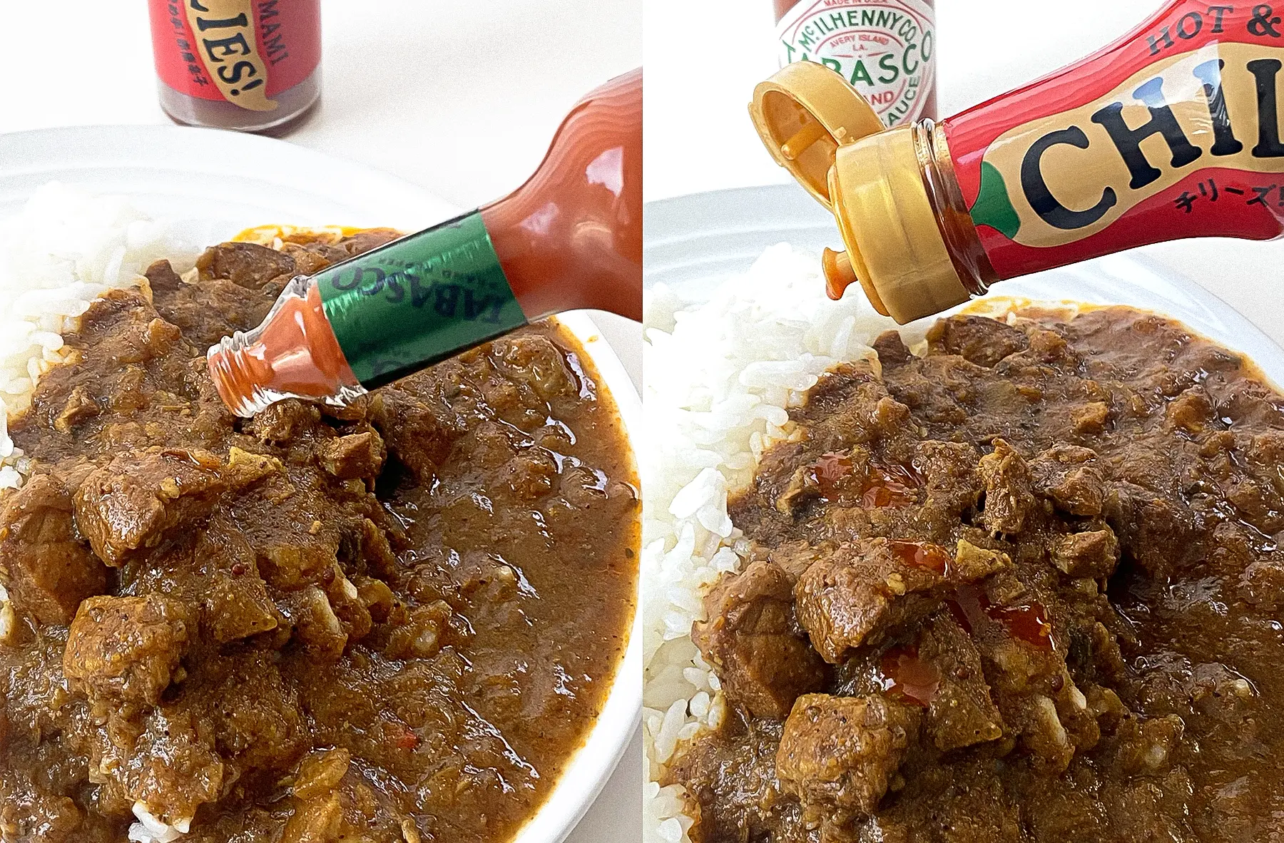 カレーを追い辛(左:タバスコ、右:チリーズ)