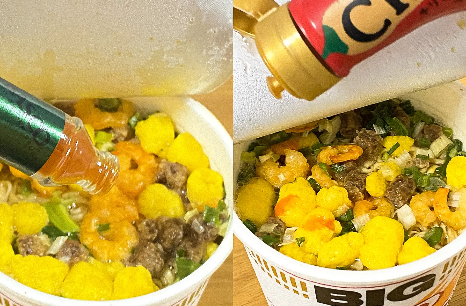 カップヌードルを追い辛(左:タバスコ、右:チリーズ)